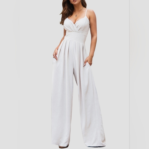 White Spaghetti Strap Wide Leg Jumpsuit - Picture 5 of 5